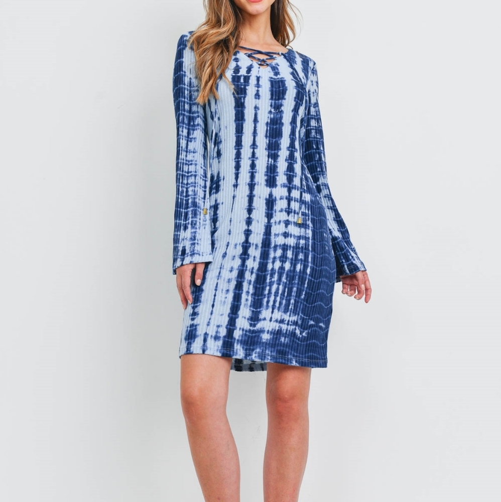 Boho Chic Tie-Dye Bell Cuff Shift Dress | Tassel Tie Neck | Blue Stripe Print
